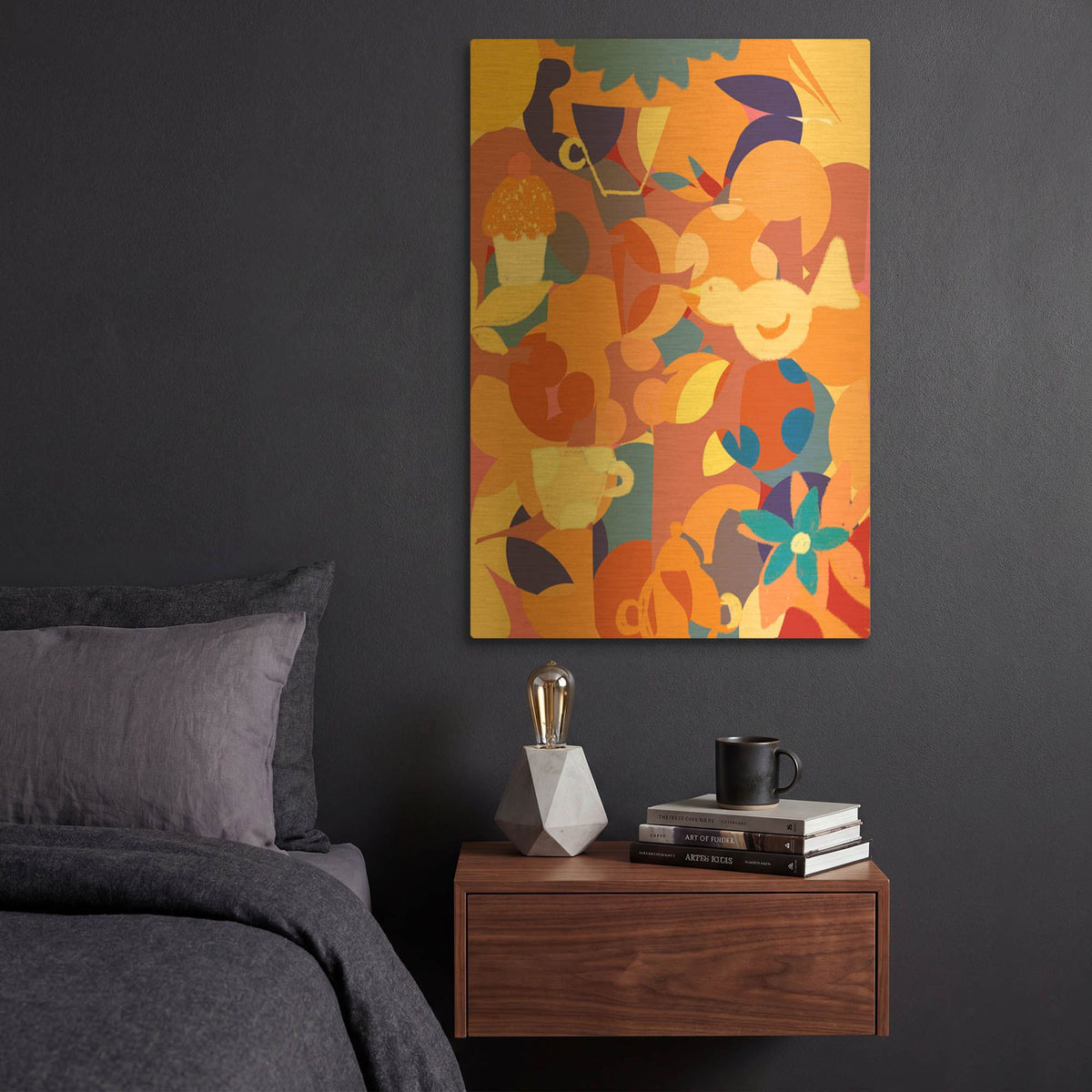 'Autumn Colors With Bird And Teacup' By Holly McGee Gold Metal Wall Art