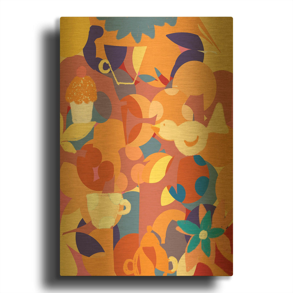 'Autumn Colors With Bird And Teacup' By Holly McGee Gold Metal Wall Art