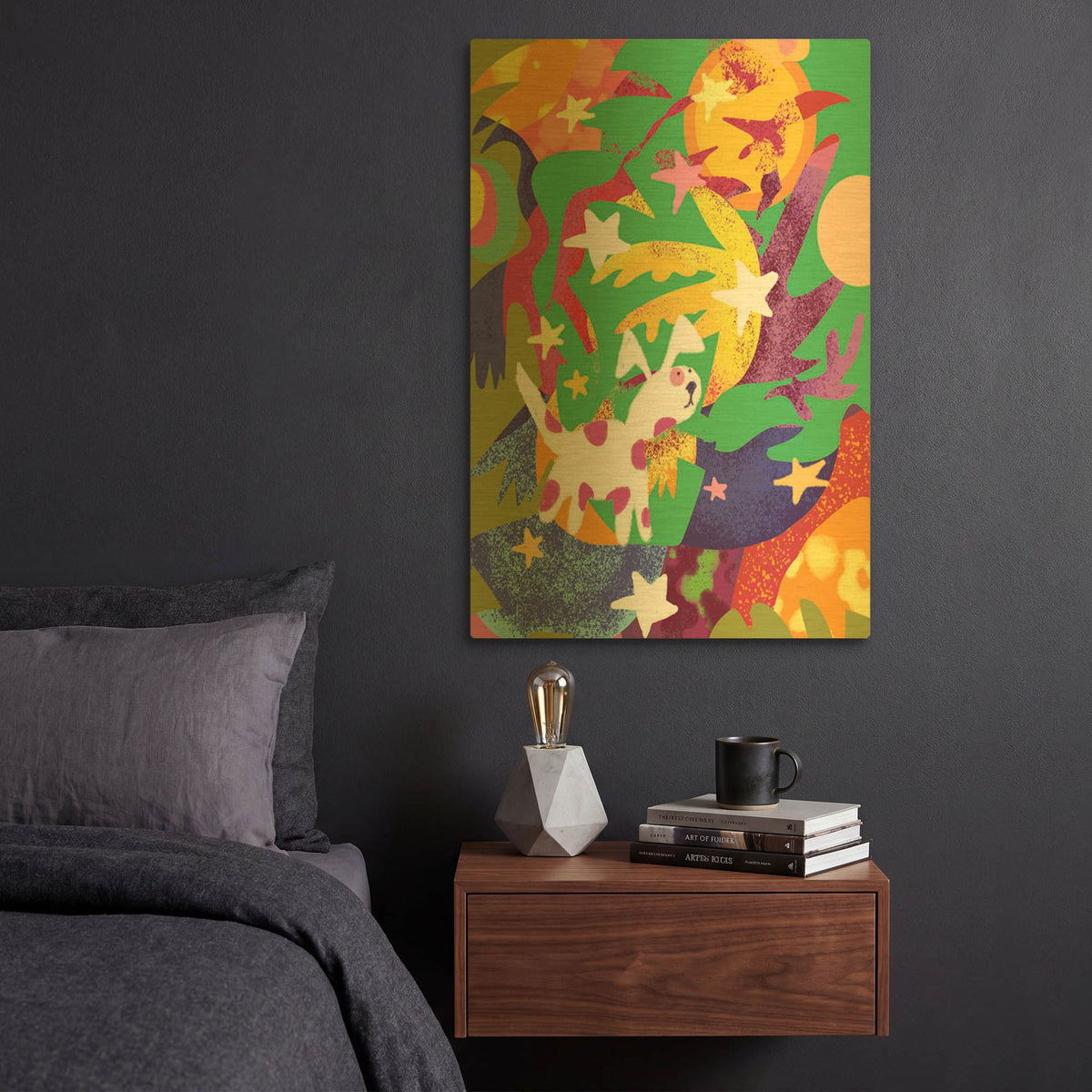 'Dog And Stars With Abstract Background' By Holly McGee Gold Metal Wall Art
