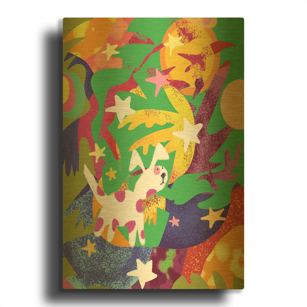 'Dog And Stars With Abstract Background' By Holly McGee Gold Metal Wall Art
