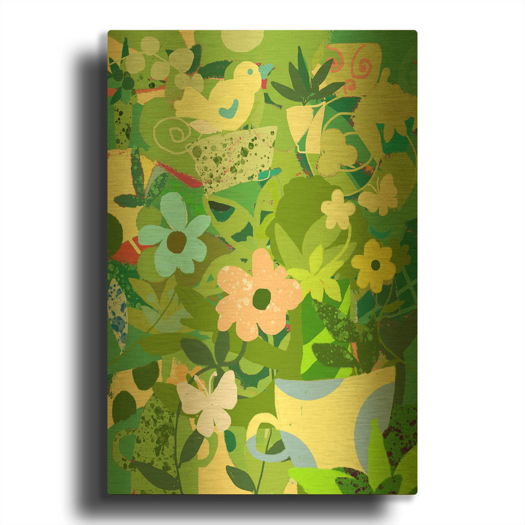 'Garden Delight With Teacup' By Holly McGee Gold Metal Wall Art