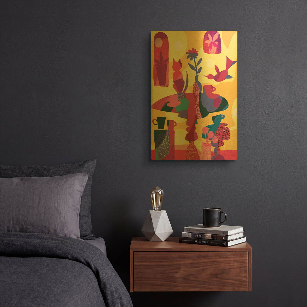 'Still Life With Cat And Bird' By Holly McGee Gold Metal Wall Art