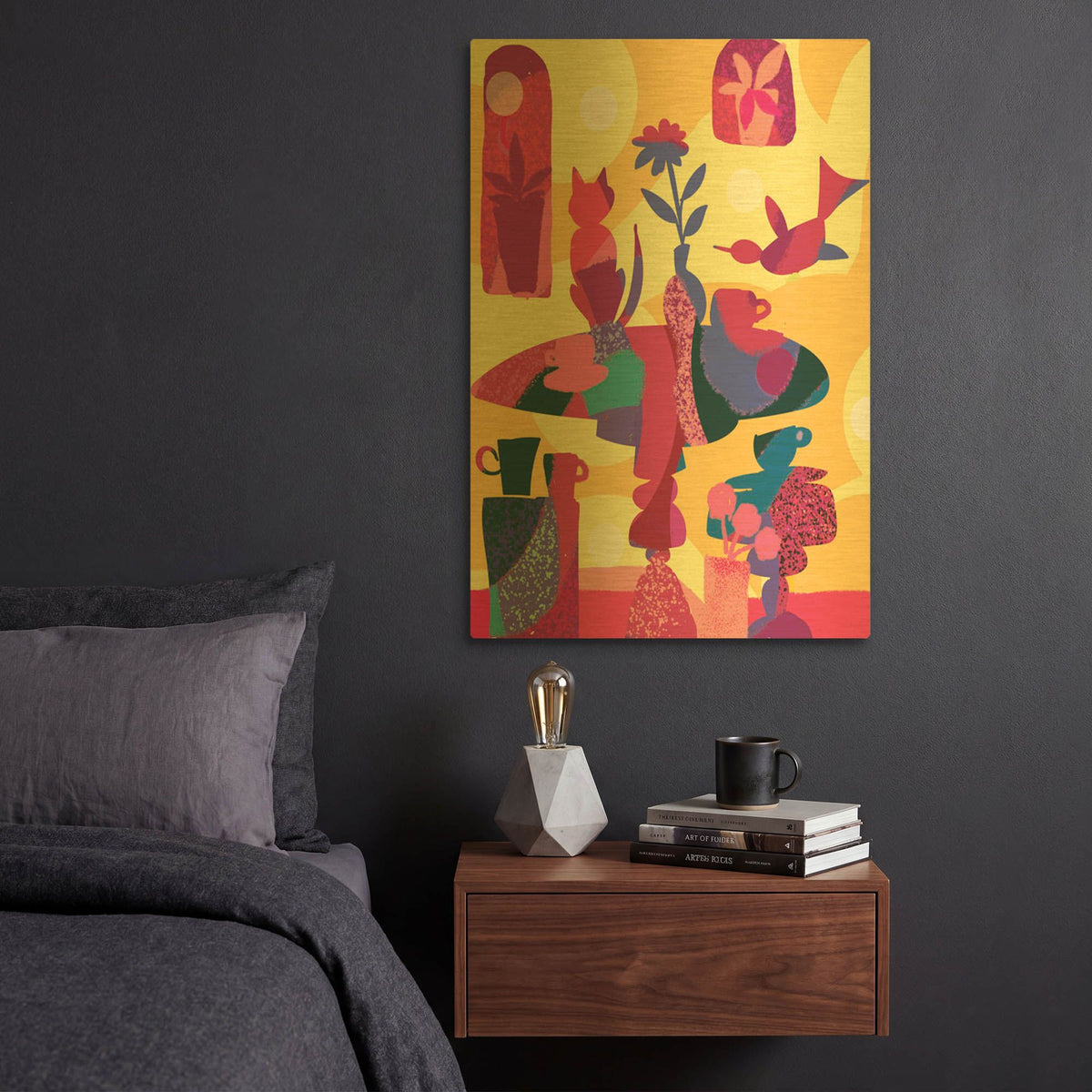 'Still Life With Cat And Bird' By Holly McGee Gold Metal Wall Art