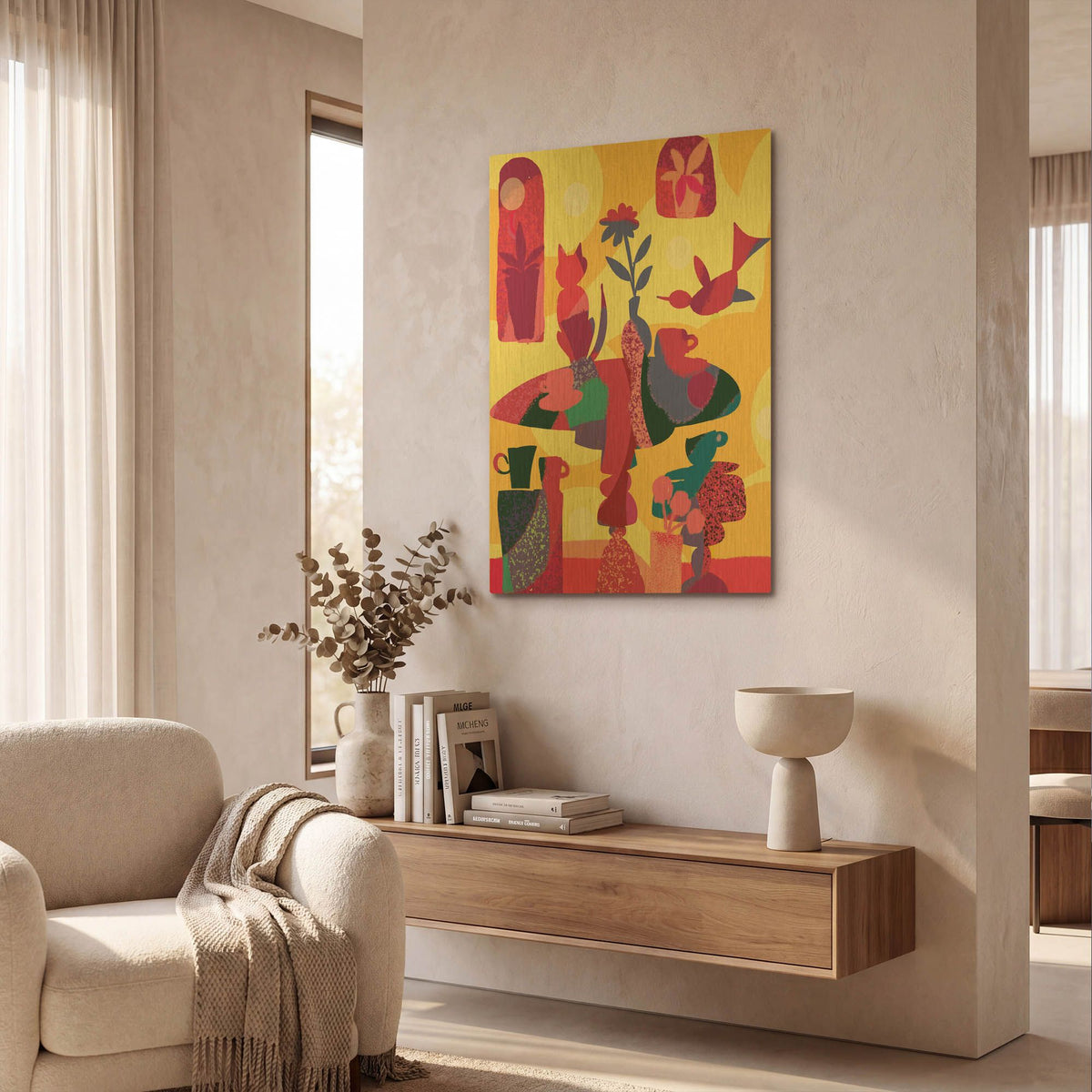 'Still Life With Cat And Bird' By Holly McGee Gold Metal Wall Art