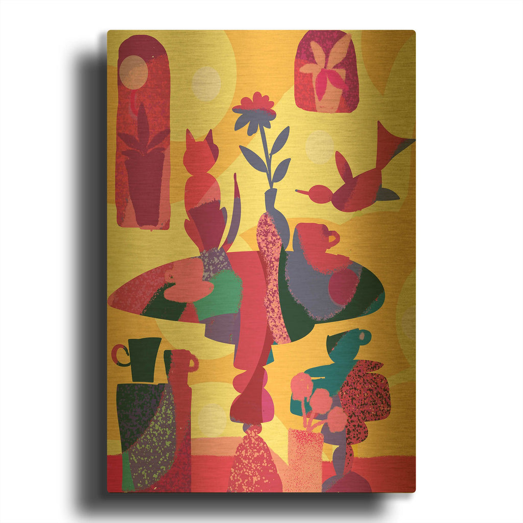 'Still Life With Cat And Bird' By Holly McGee Gold Metal Wall Art