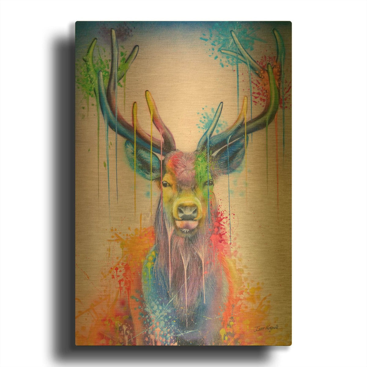 'Deer Splash Colors' By Ivan Negrete Gold Metal Wall Art
