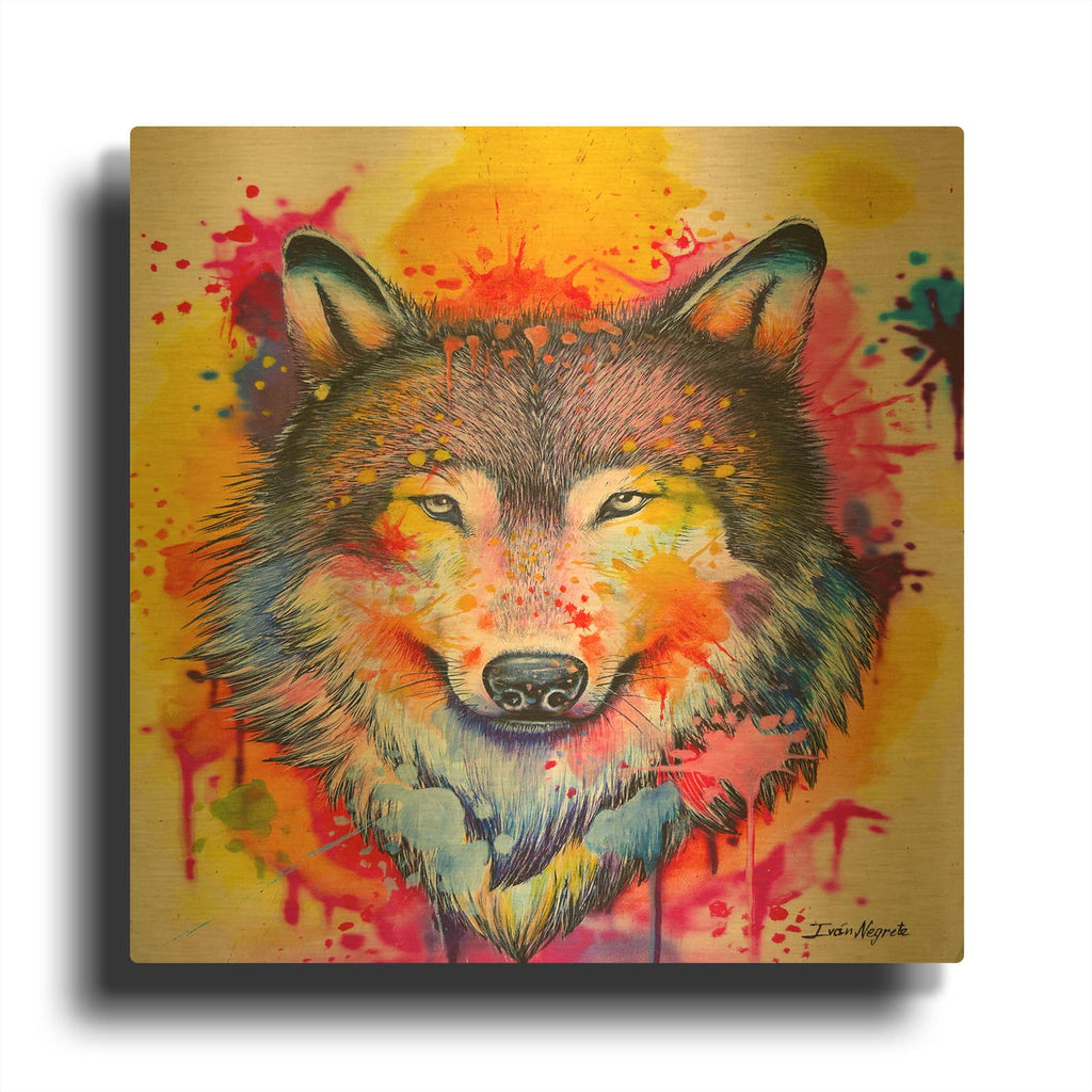 'Wolf Splash Colors' By Ivan Negrete Gold Metal Wall Art
