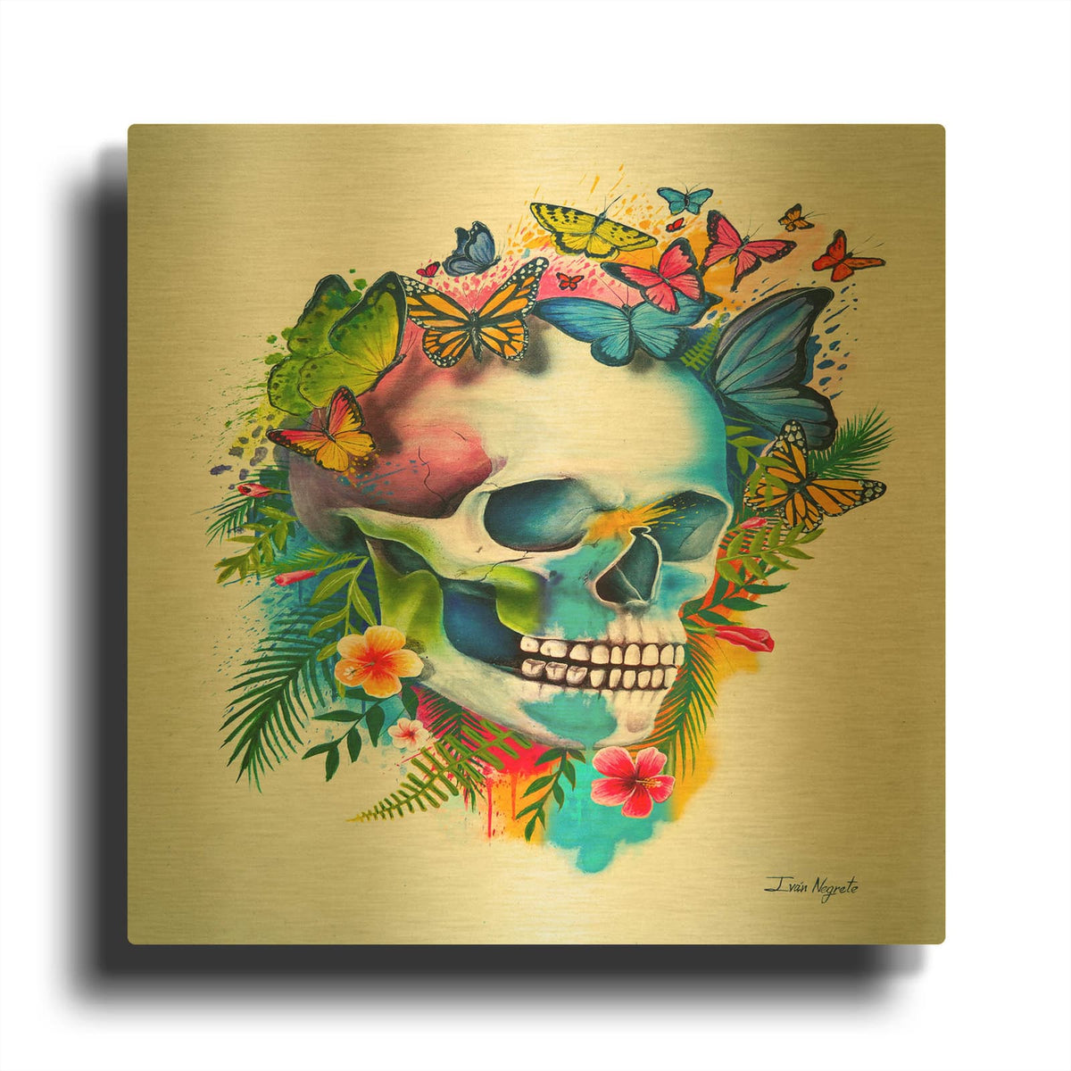 'Tropical Skull Splash' By Ivan Negrete Gold Metal Wall Art