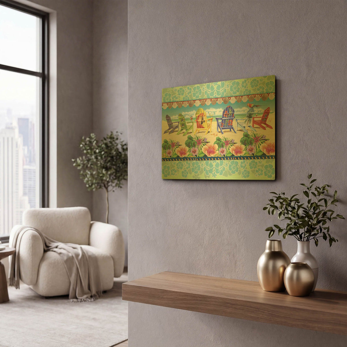 'Coastal Chairs Floral' By James Mazzotta Gold Metal Wall Art