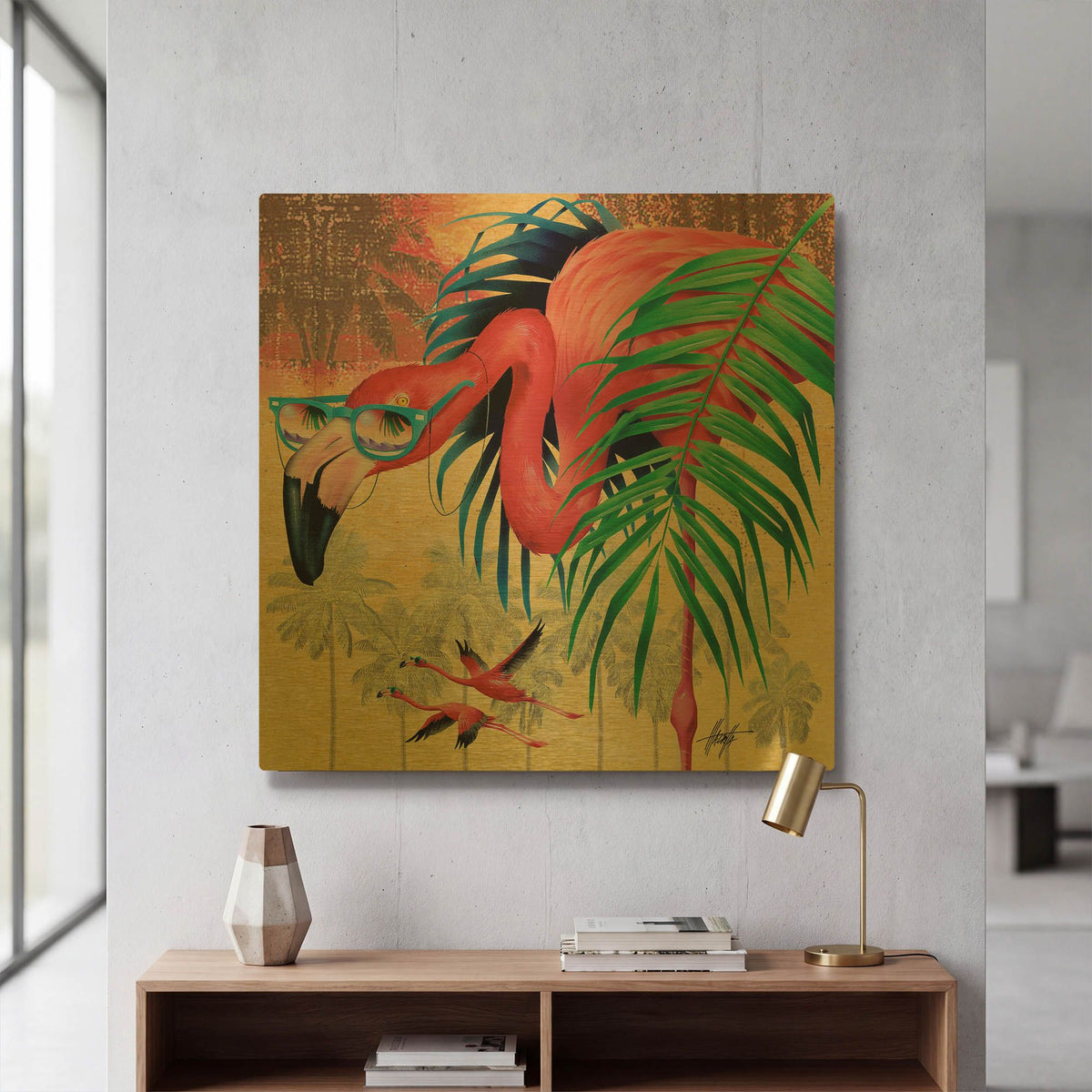 'Cool Flamingoes' By James Mazzotta Gold Metal Wall Art