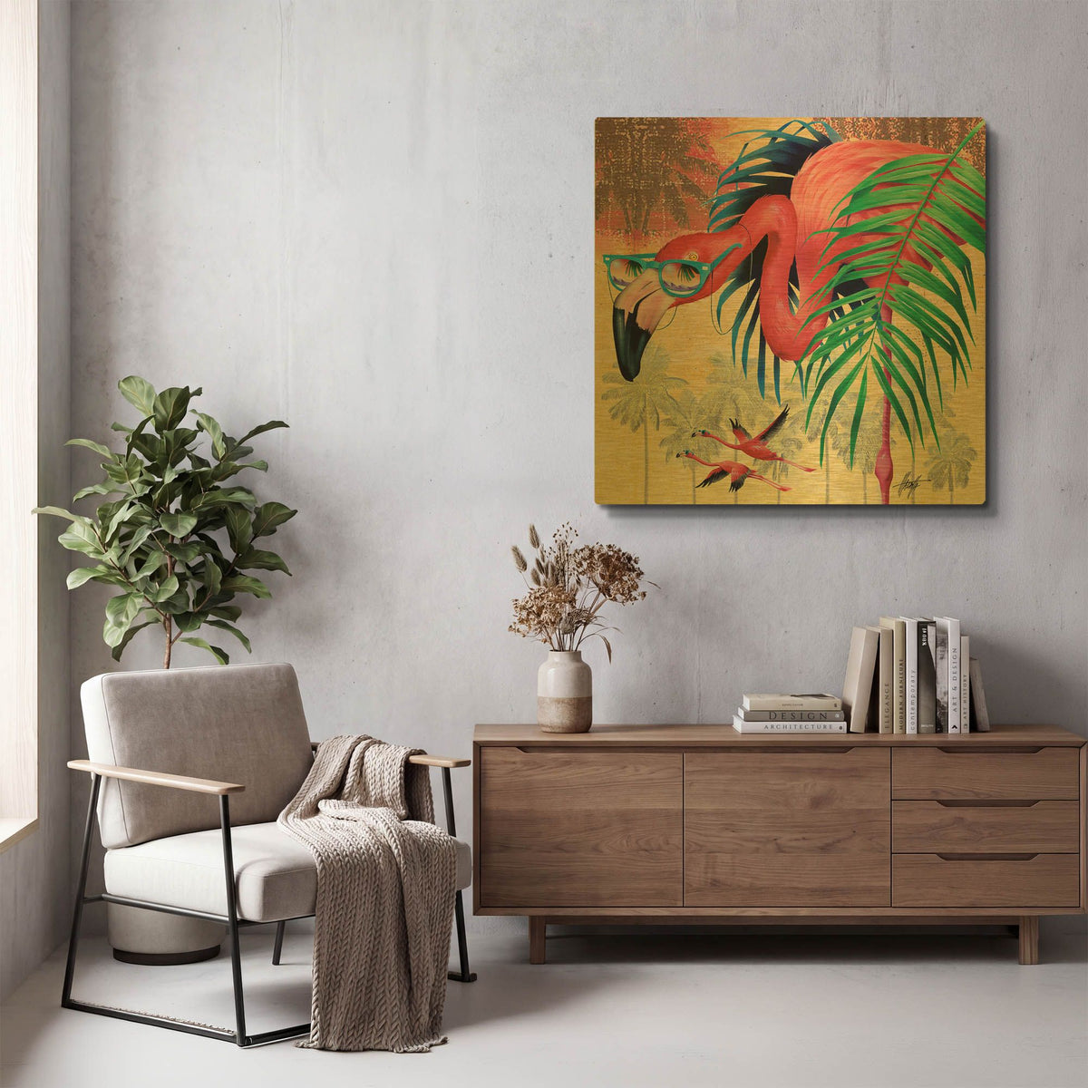 'Cool Flamingoes' By James Mazzotta Gold Metal Wall Art