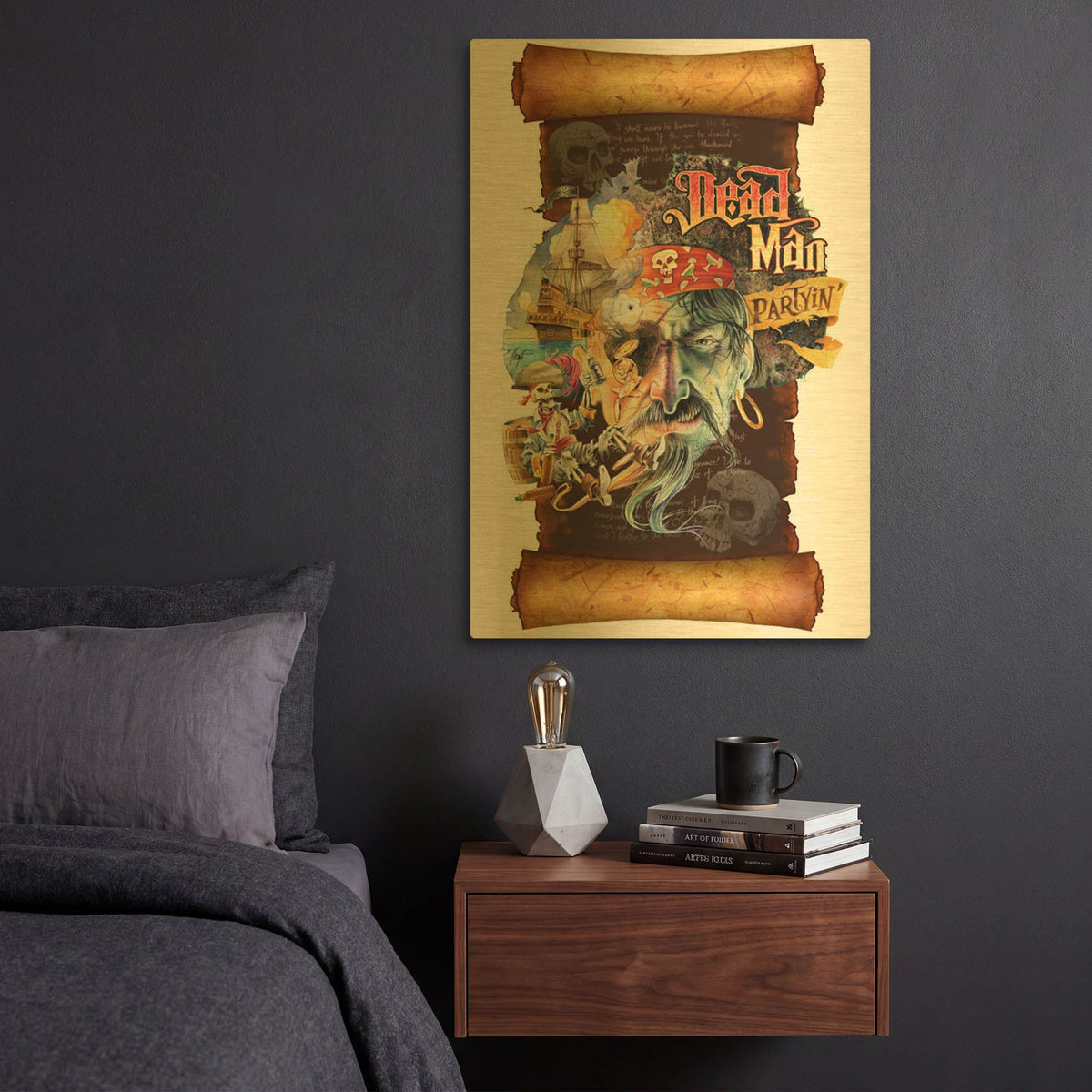 'Dead Man Partyin Scroll' By James Mazzotta Gold Metal Wall Art
