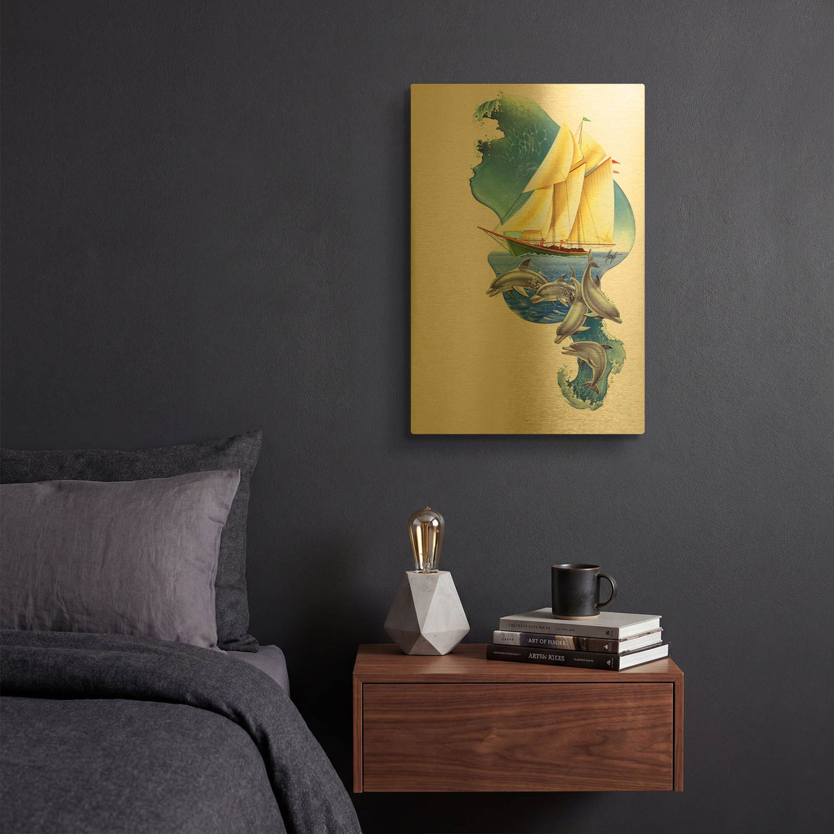 'Sailboat Dolphin Wave' By James Mazzotta Gold Metal Wall Art