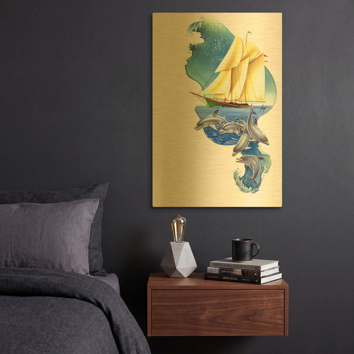 'Sailboat Dolphin Wave' By James Mazzotta Gold Metal Wall Art