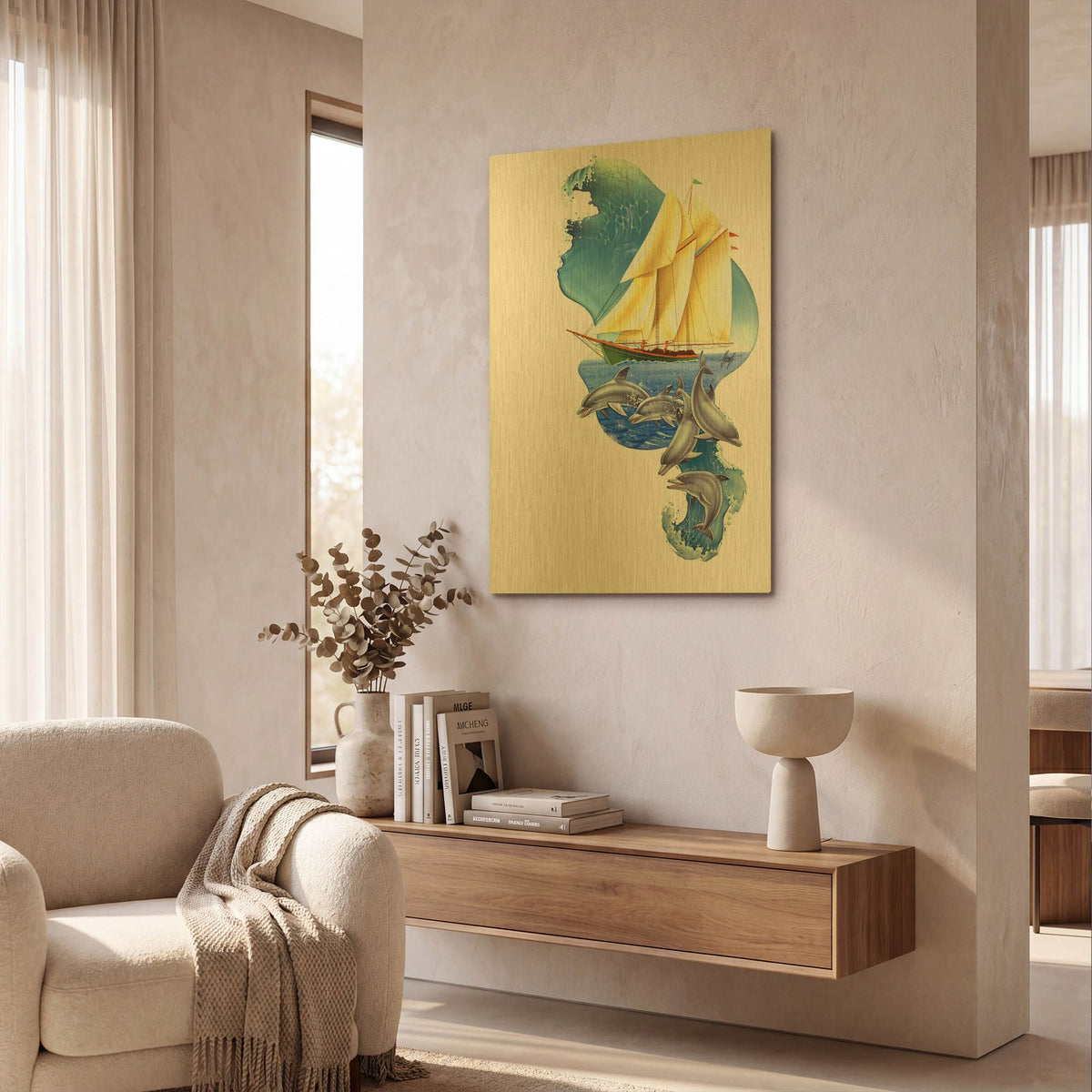 'Sailboat Dolphin Wave' By James Mazzotta Gold Metal Wall Art