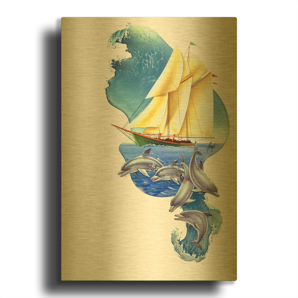 'Sailboat Dolphin Wave' By James Mazzotta Gold Metal Wall Art
