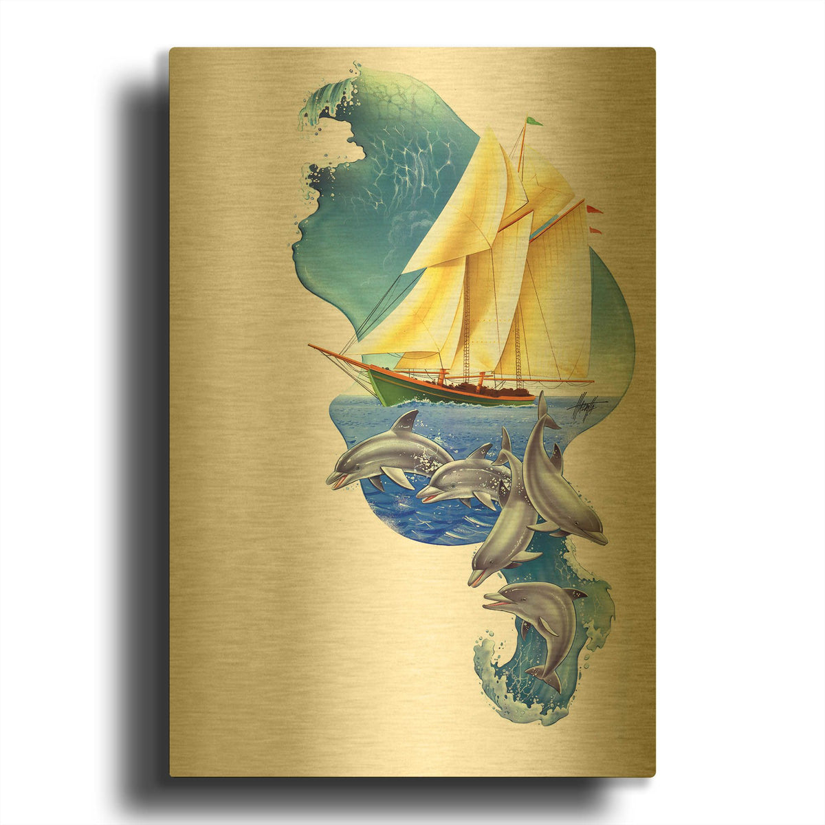 'Sailboat Dolphin Wave' By James Mazzotta Gold Metal Wall Art