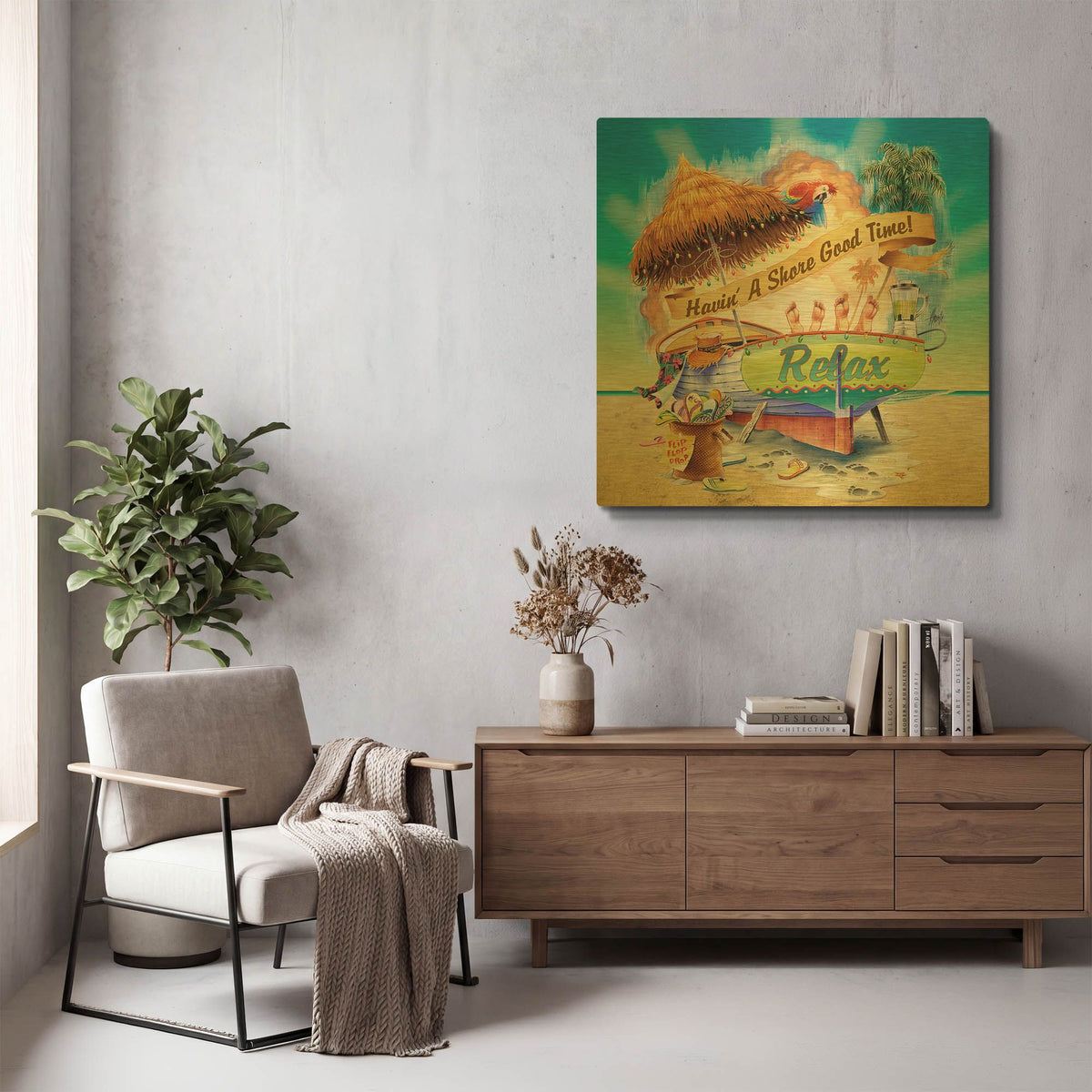 'Shore Good Time Boat' By James Mazzotta Gold Metal Wall Art