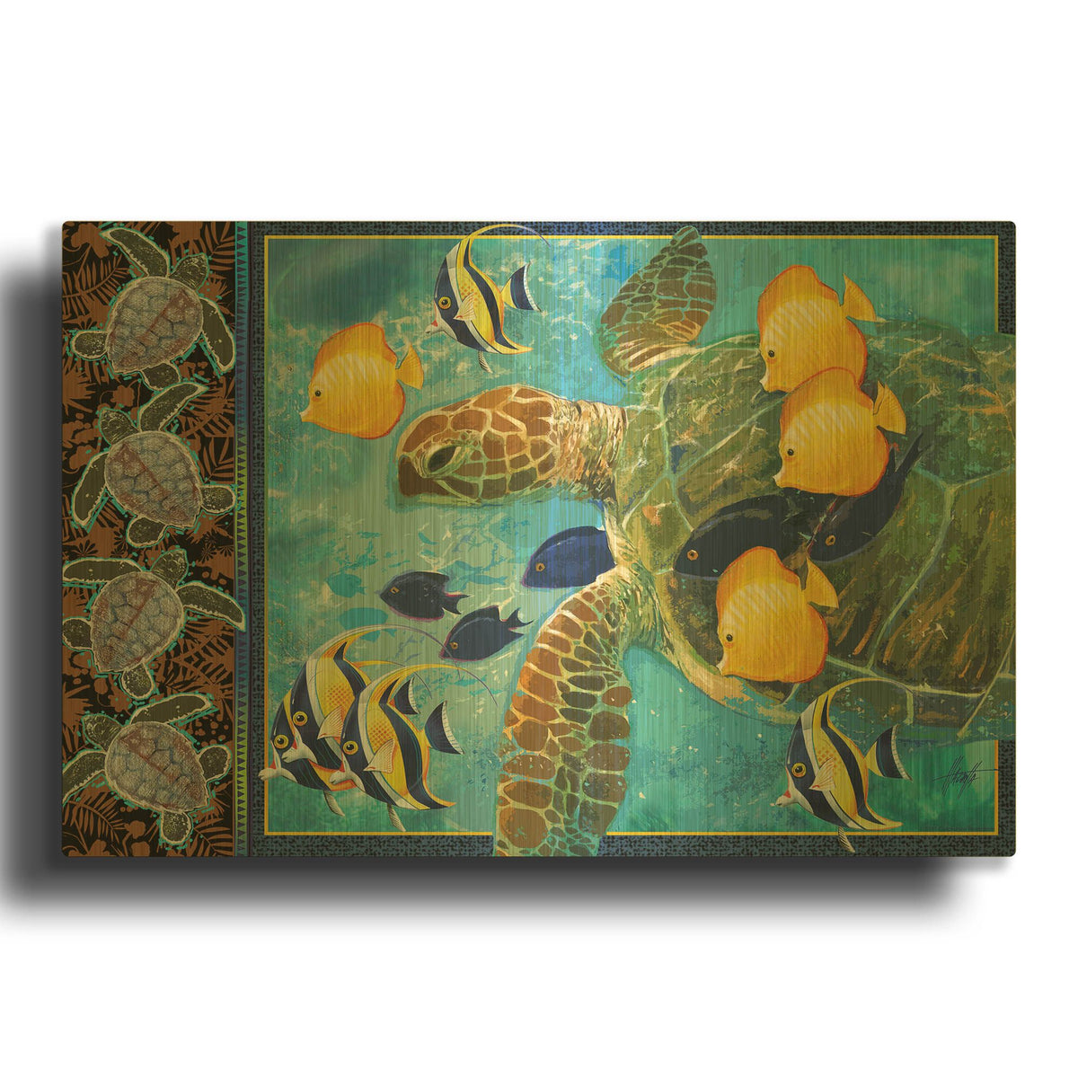 'Turtle Hatchlings' By James Mazzotta Gold Metal Wall Art