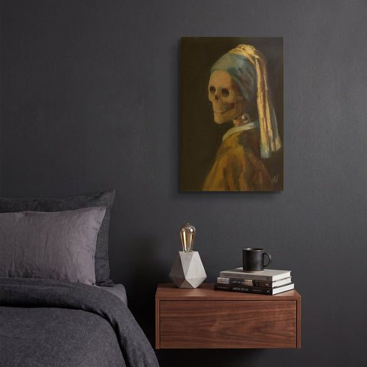 'Skelly with a Pearl Earring' By Marie Marfia Fine Art Gold Metal Wall Art