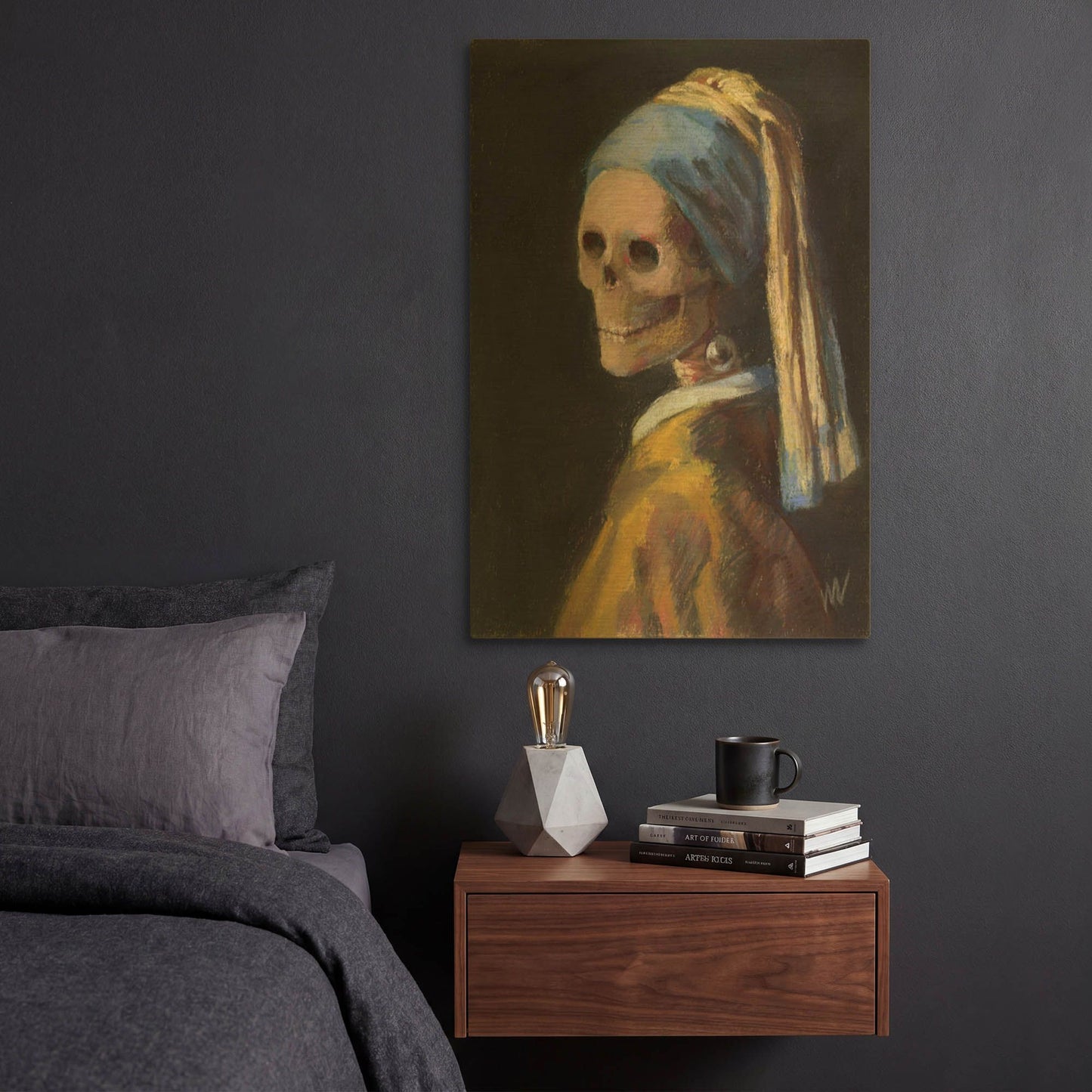 'Skelly with a Pearl Earring' By Marie Marfia Fine Art Gold Metal Wall Art
