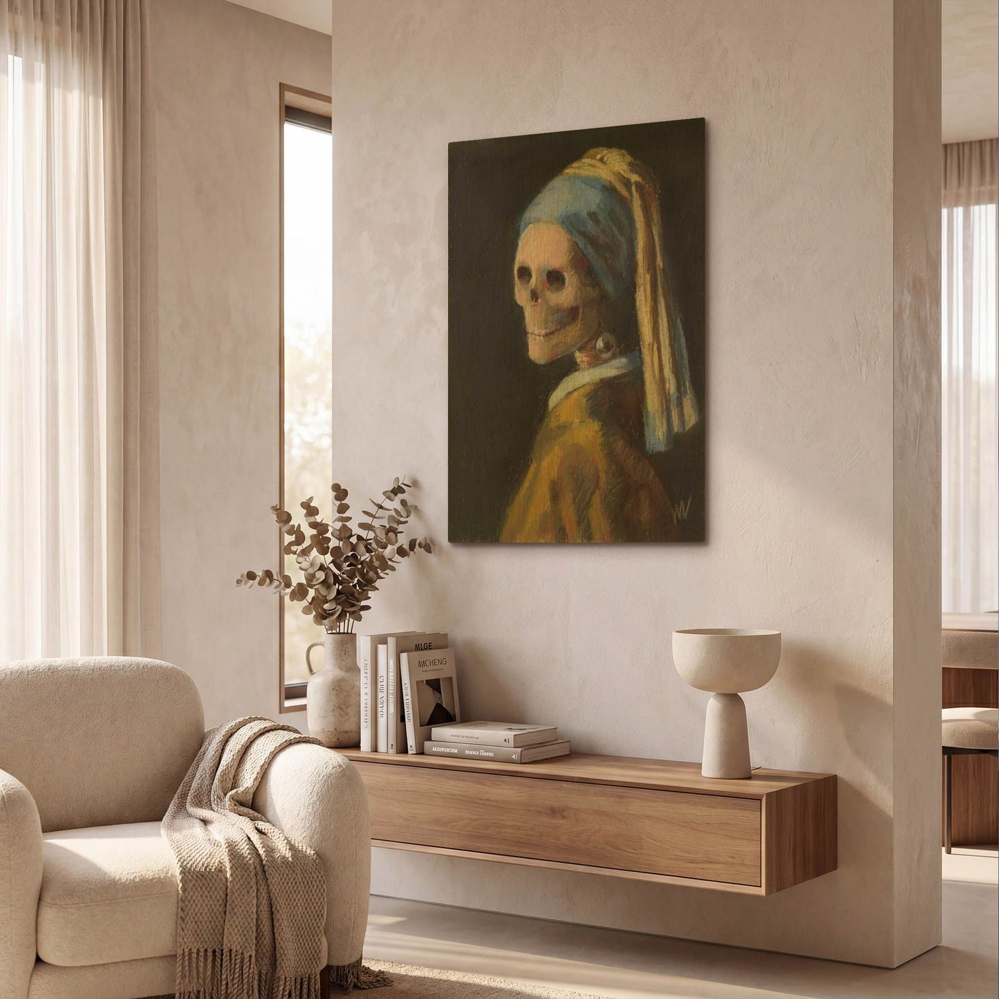 'Skelly with a Pearl Earring' By Marie Marfia Fine Art Gold Metal Wall Art
