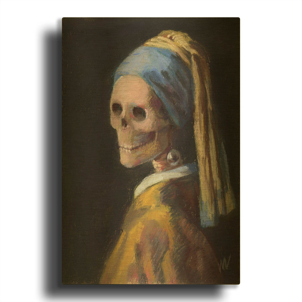 'Skelly with a Pearl Earring' By Marie Marfia Fine Art Gold Metal Wall Art
