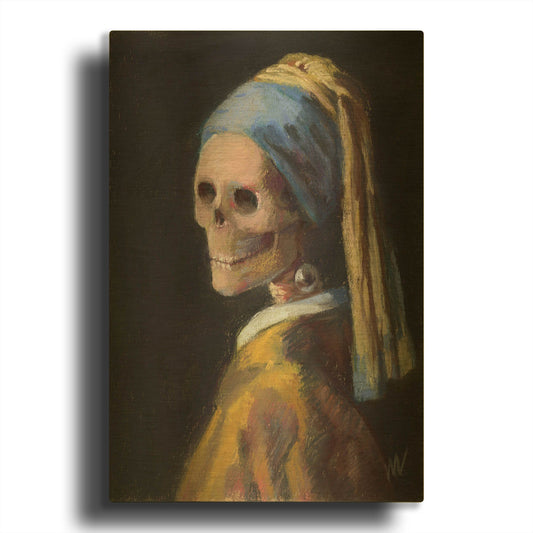 'Skelly with a Pearl Earring' By Marie Marfia Fine Art Gold Metal Wall Art