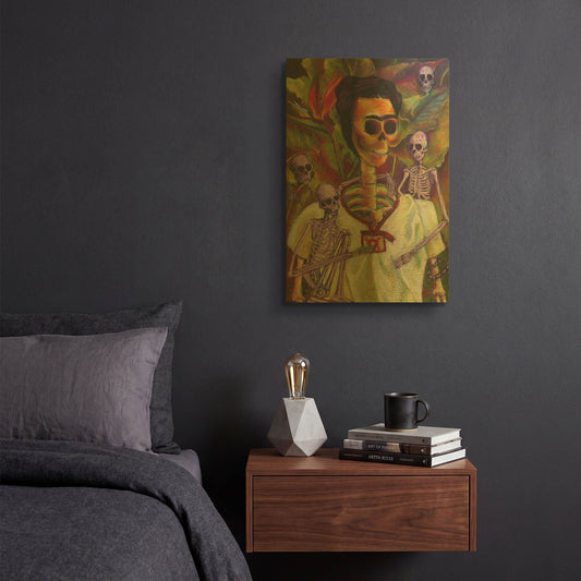 'Frida Skelly With Monkeys' By Marie Marfia Fine Art Gold Metal Wall Art