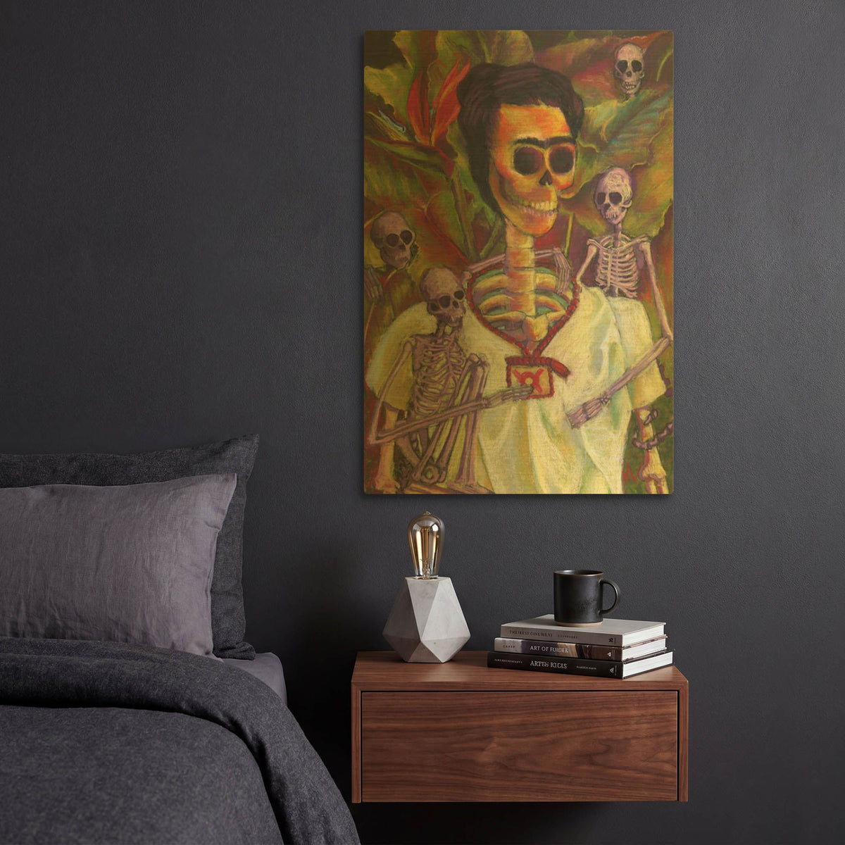 'Frida Skelly With Monkeys' By Marie Marfia Fine Art Gold Metal Wall Art