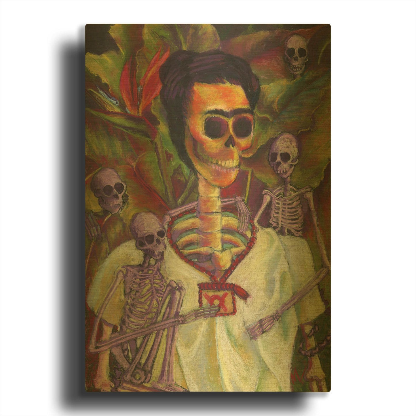 'Frida Skelly With Monkeys' By Marie Marfia Fine Art Gold Metal Wall Art