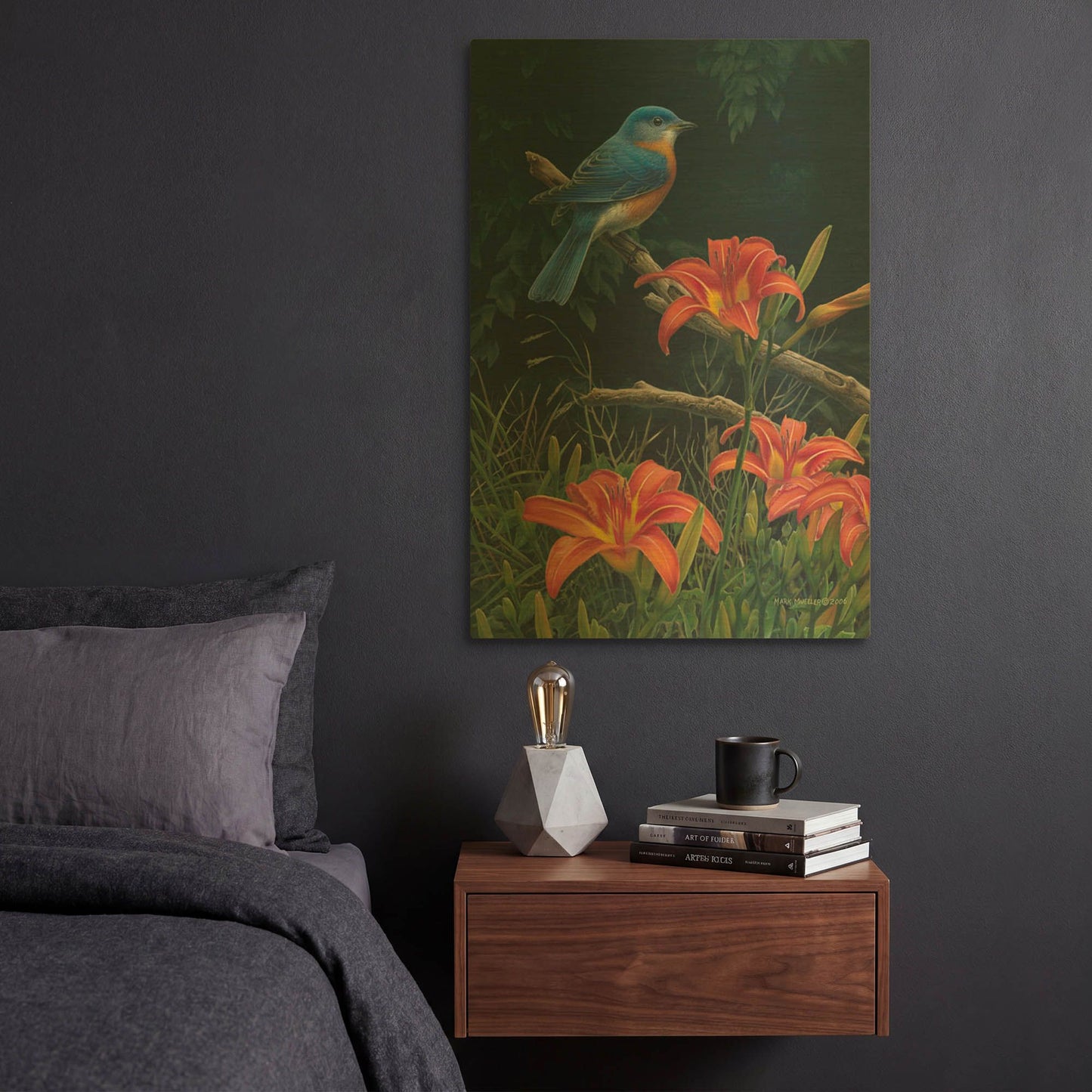 'Edge of the Woods - Bluebird and Daylilies' By Mark Mueller Wildlife Art Gold Metal Wall Art