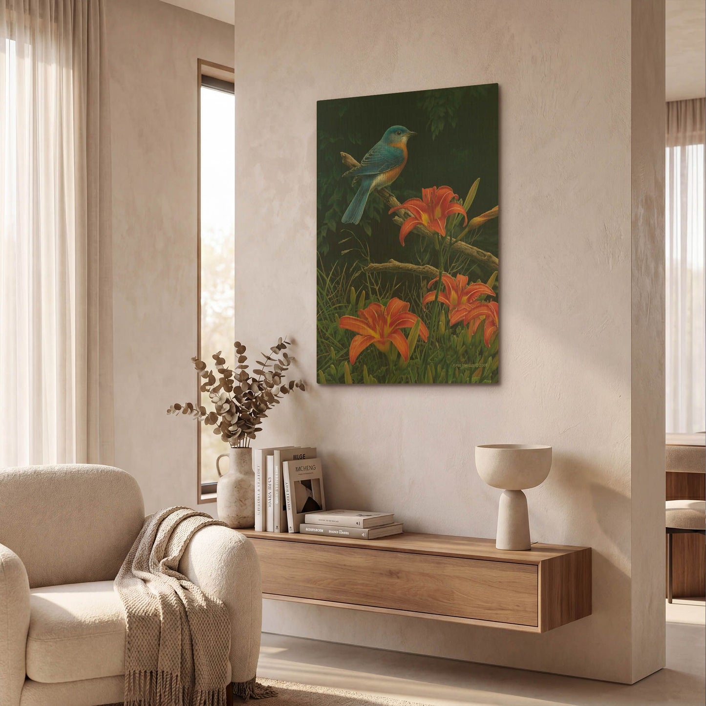 'Edge of the Woods - Bluebird and Daylilies' By Mark Mueller Wildlife Art Gold Metal Wall Art