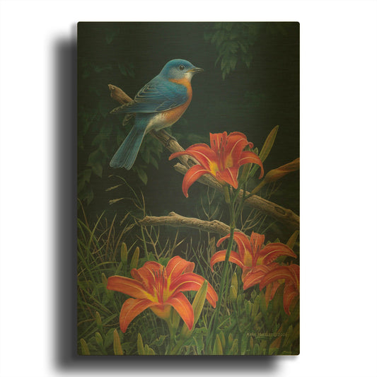 'Edge of the Woods - Bluebird and Daylilies' By Mark Mueller Wildlife Art Gold Metal Wall Art
