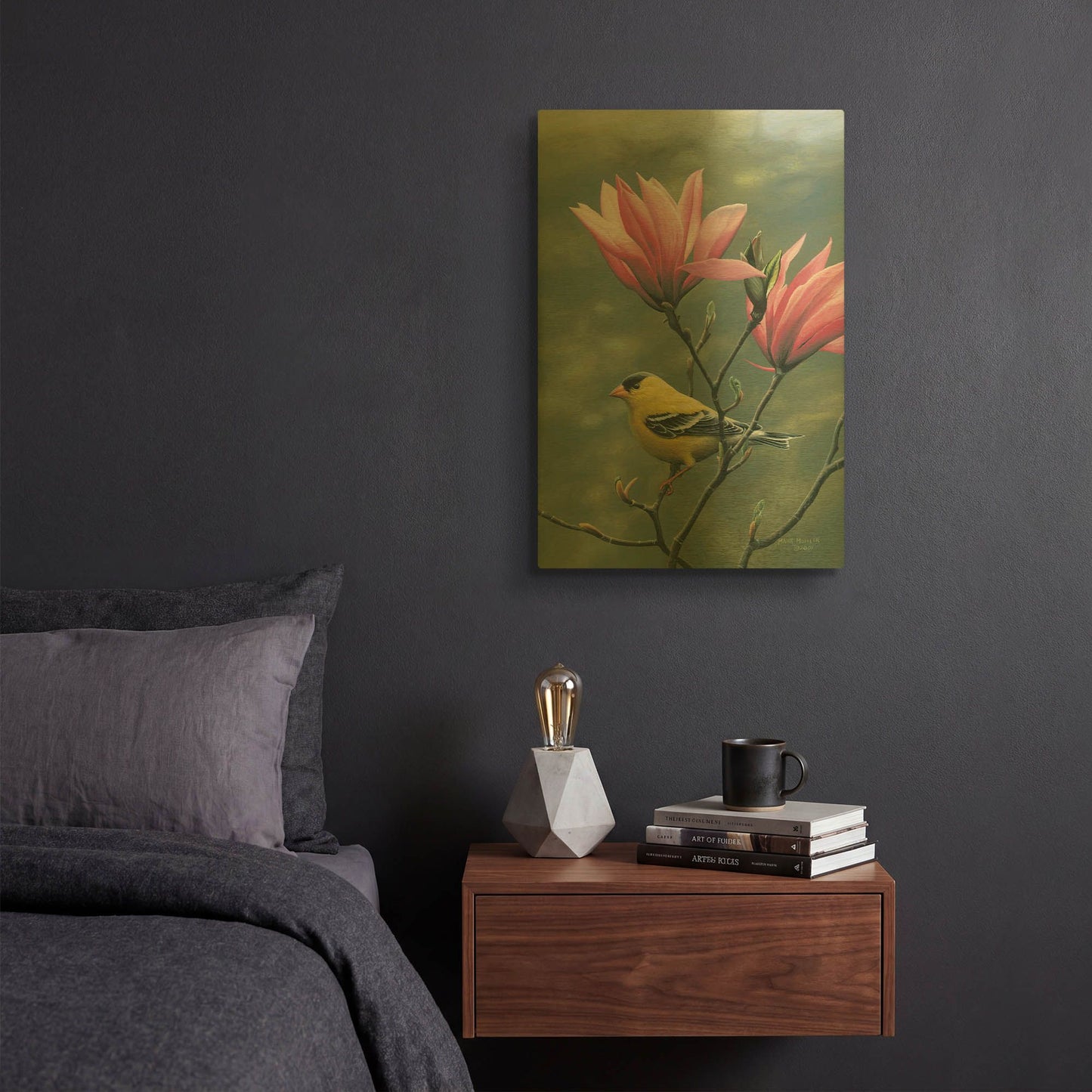 'Emergence - Goldfinch and Japanese Magnolia' By Mark Mueller Wildlife Art Gold Metal Wall Art
