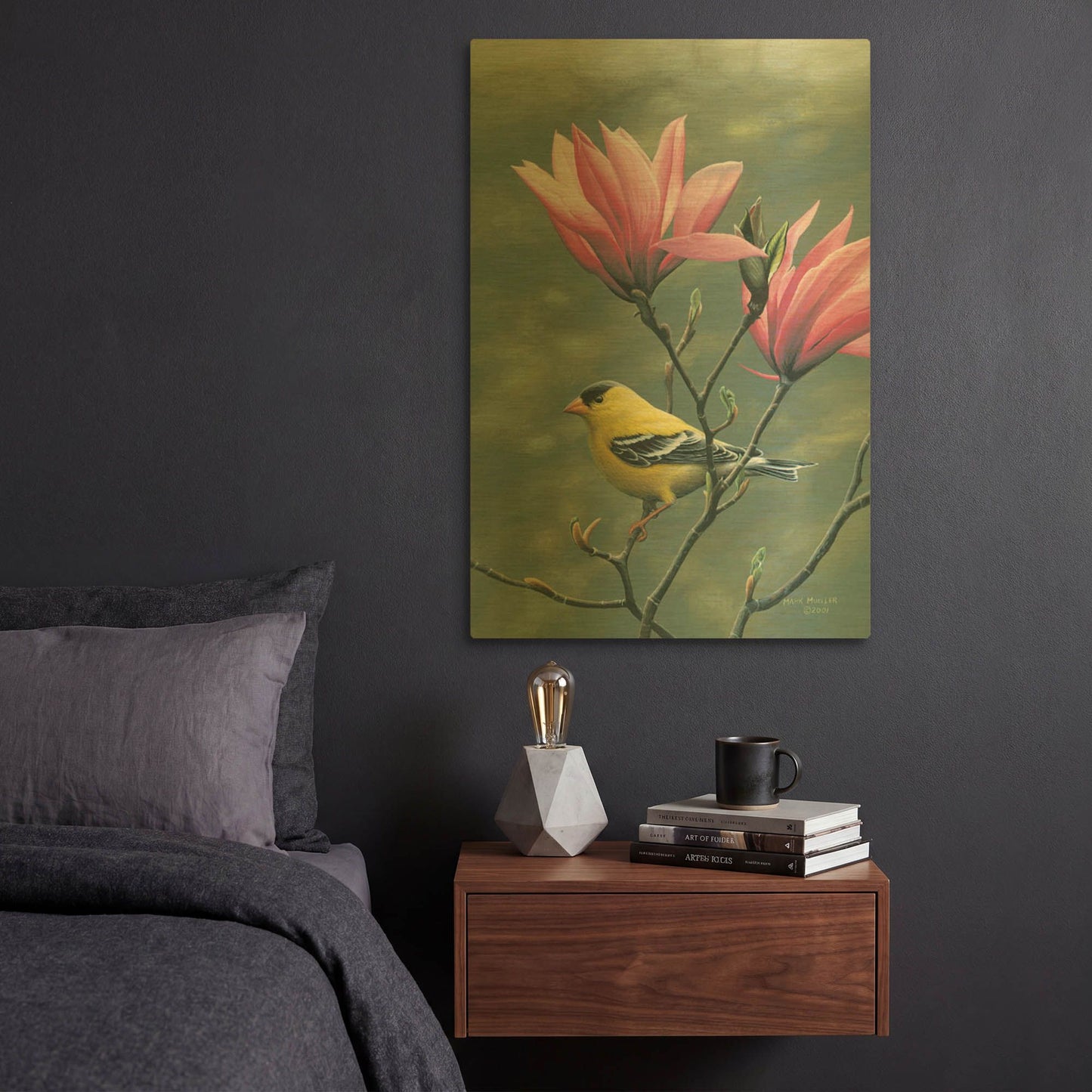 'Emergence - Goldfinch and Japanese Magnolia' By Mark Mueller Wildlife Art Gold Metal Wall Art