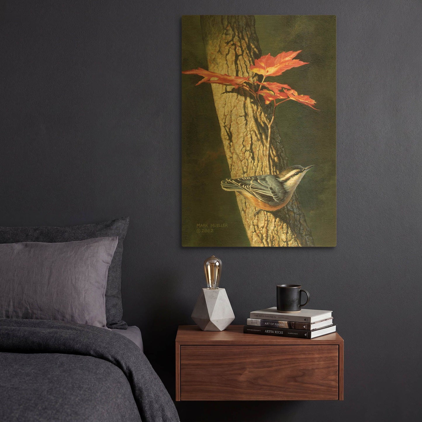 'Fall - Red-breasted Nuthatch' By Mark Mueller Wildlife Art Gold Metal Wall Art