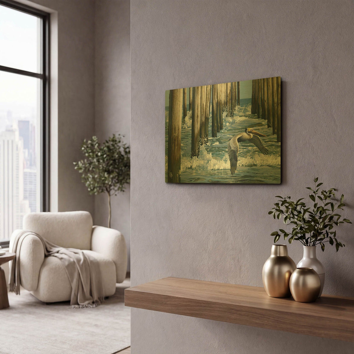 'Fishing Pier - Pelican' By Mark Mueller Wildlife Art Gold Metal Wall Art