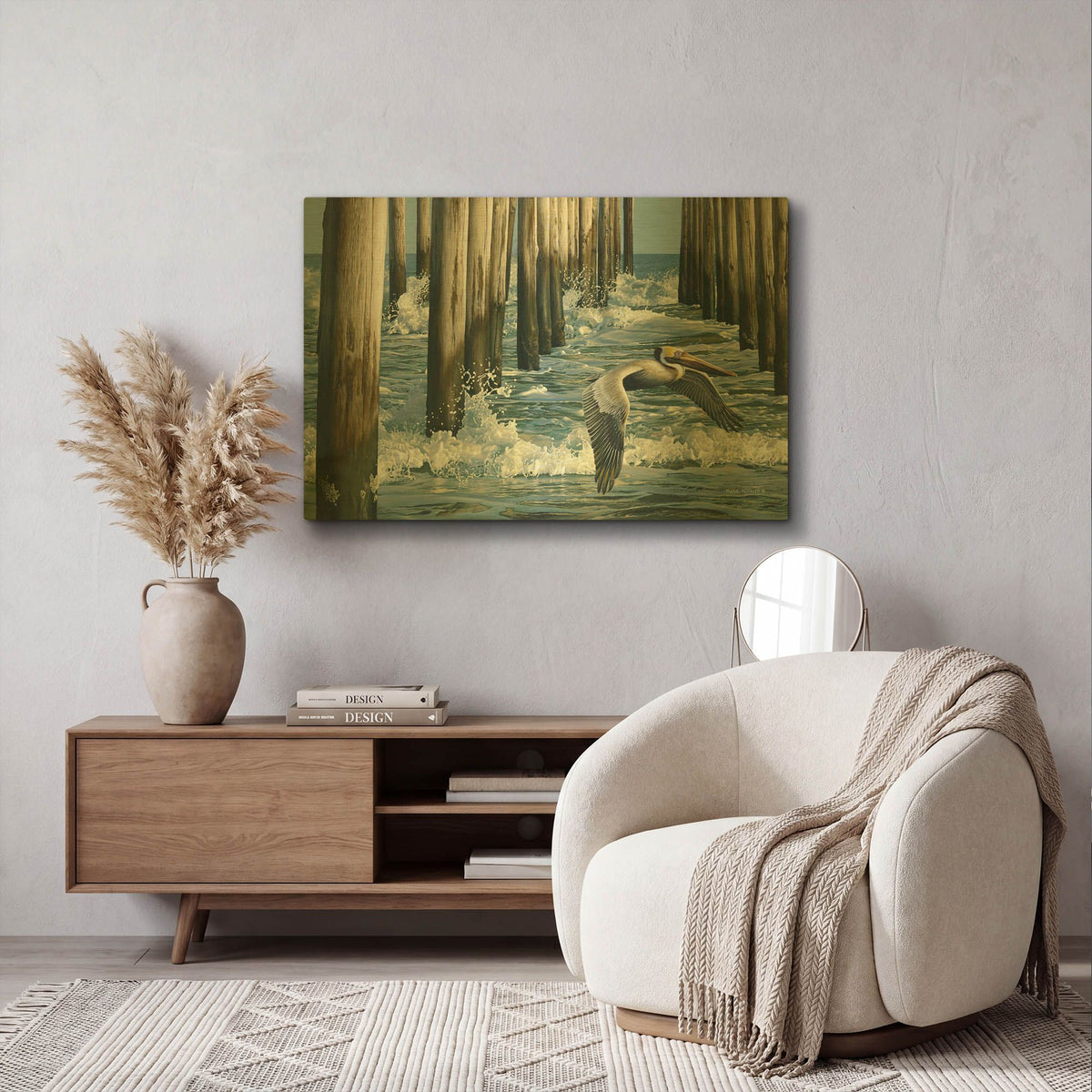 'Fishing Pier - Pelican' By Mark Mueller Wildlife Art Gold Metal Wall Art