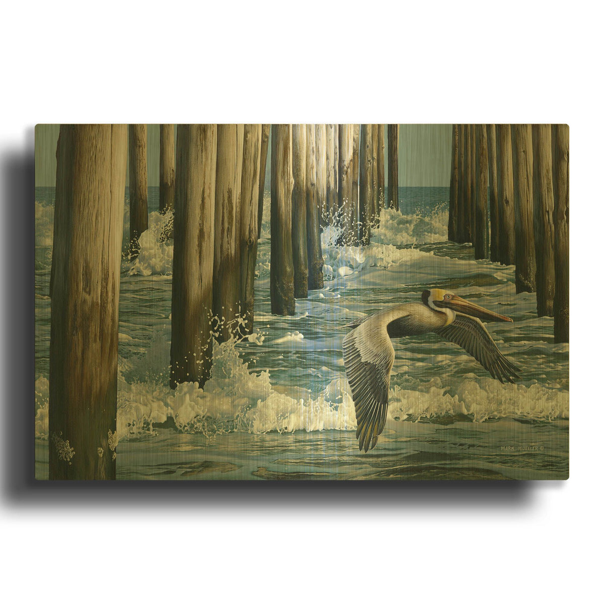 'Fishing Pier - Pelican' By Mark Mueller Wildlife Art Gold Metal Wall Art