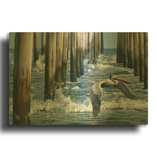 'Fishing Pier - Pelican' By Mark Mueller Wildlife Art Gold Metal Wall Art