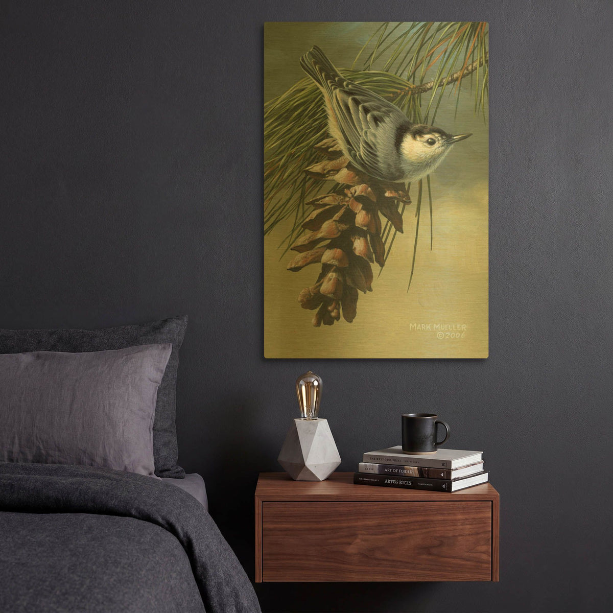 'Pine Cone Perch - White-breasted Nuthatch' By Mark Mueller Wildlife Art Gold Metal Wall Art