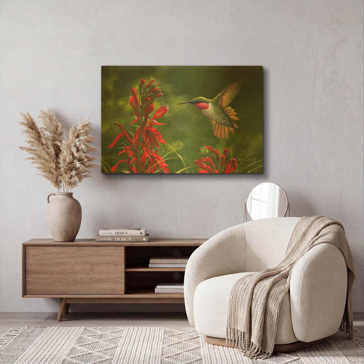 'Seeing Red - Hummingbird and Cardinal Flower' By Mark Mueller Wildlife Art Gold Metal Wall Art