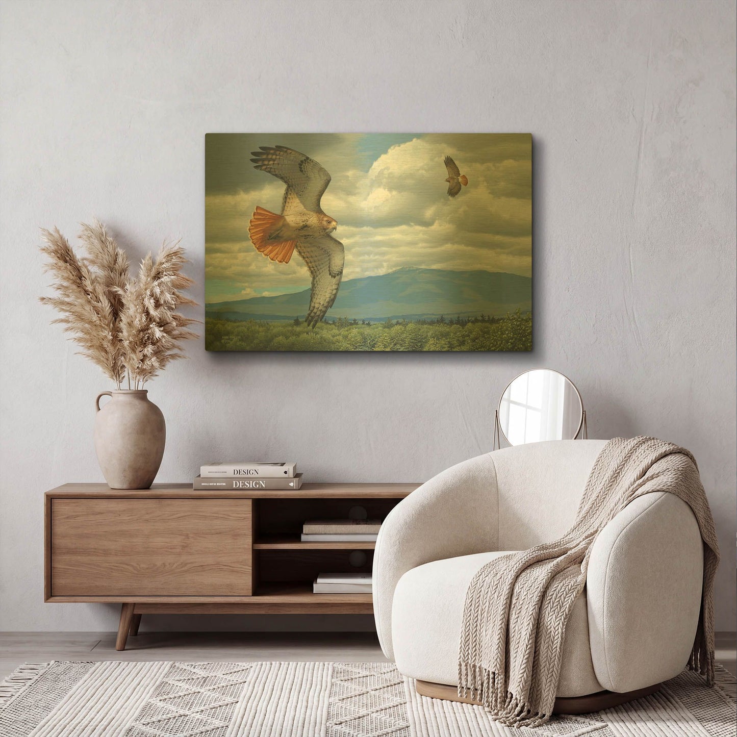 'Soaring Over the Pines - Red-tailed Hawks' By Mark Mueller Wildlife Art Gold Metal Wall Art