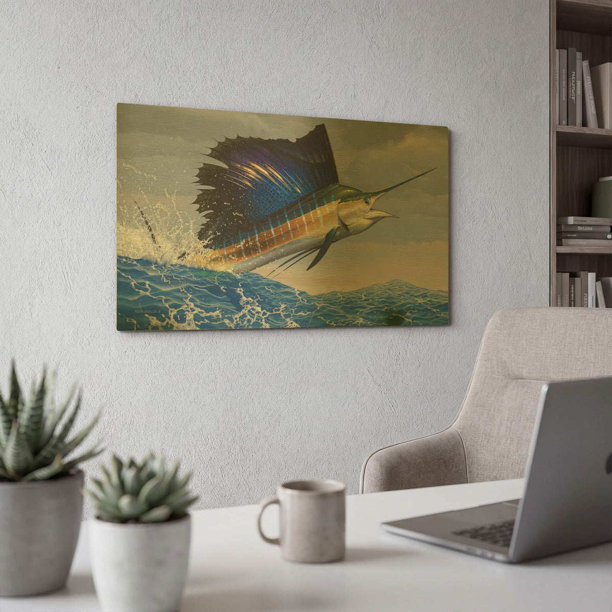 'Splashdown - Sailfish' By Mark Mueller Wildlife Art Gold Metal Wall Art