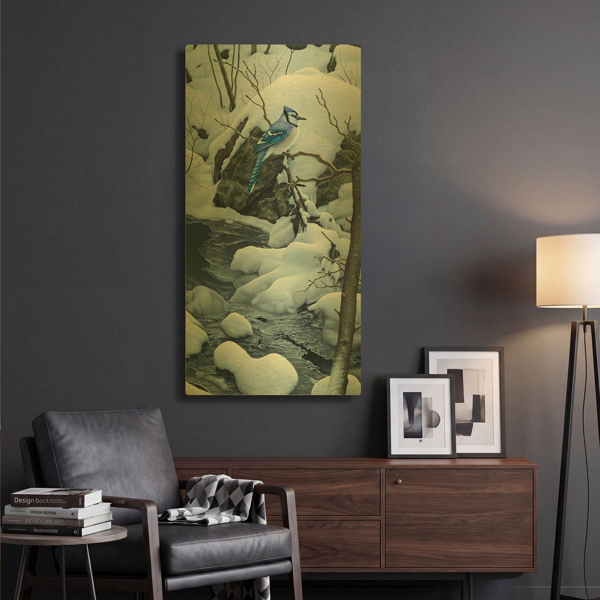 'Tranquil Morning - Blue Jay' By Mark Mueller Wildlife Art Gold Metal Wall Art