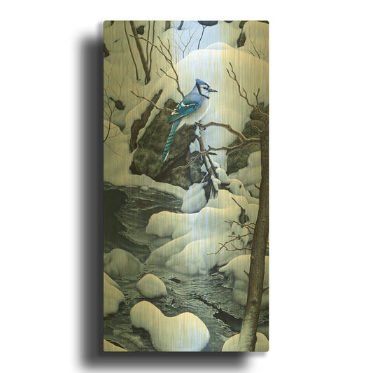 'Tranquil Morning - Blue Jay' By Mark Mueller Wildlife Art Gold Metal Wall Art