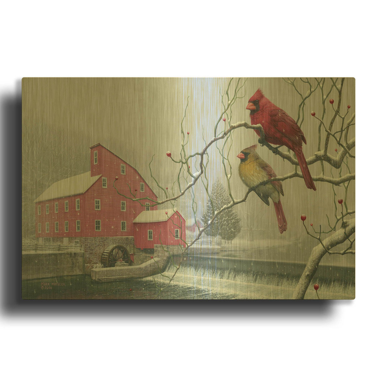 'Winter gems - Cardinals at Clinton Mill NJ' By Mark Mueller Wildlife Art Gold Metal Wall Art