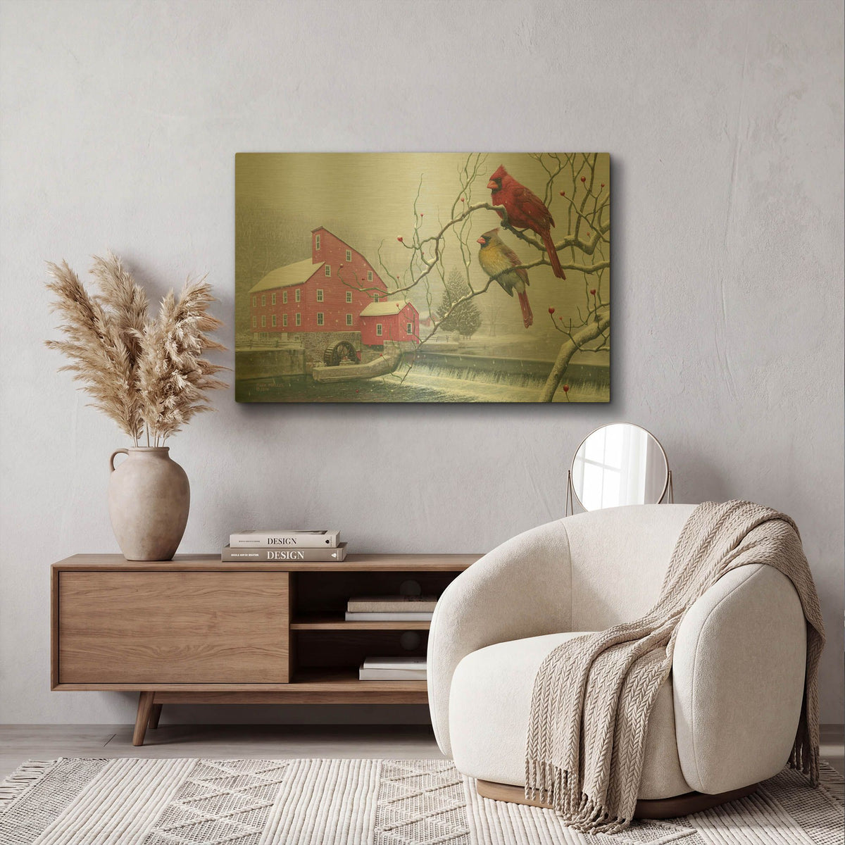 'Winter gems - Cardinals at Clinton Mill NJ' By Mark Mueller Wildlife Art Gold Metal Wall Art