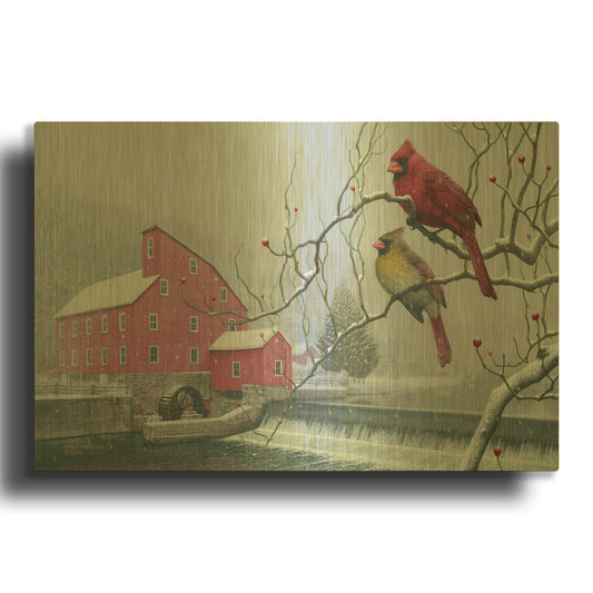 'Winter gems - Cardinals at Clinton Mill NJ' By Mark Mueller Wildlife Art Gold Metal Wall Art